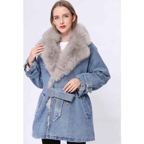 Women Denim Fur Coat Lady Casual Fox Fur Jacket Winter Parka Female Single Breasted Outerwear