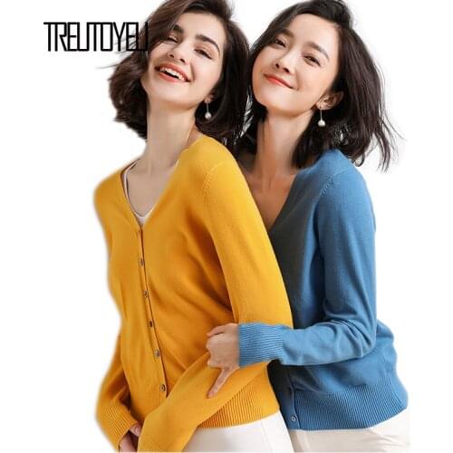 Treutoyeu V Neck Cropped Cardigan Spring Autumn Single Breasted Coat Korean Casual Long Sleeve Knitted Sweater Women 2020 S-2XL