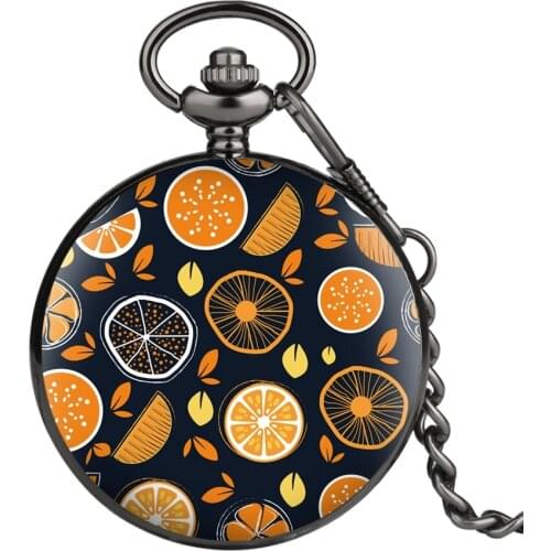 Summer Fashion Orange Fruits Printing Design Quartz Pocket Watch Black Chain Quartz Watch Black Smooth Full Hunter Pocket Clock
