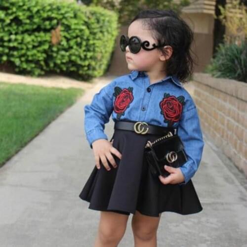 Fashion Kids Baby Girls Clothes Long Sleeve Floral Shirt Denim Tops+High Waist Tutu Skirt Set Fall Winter Outfit 2 Piece Set
