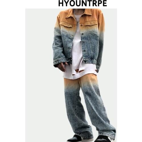 2 Pieces Sets Men Fashion Gradient Single Breasted Denim Jeans Jackets Coats and Zipper Straight Pants Joggers Streetwear Sets
