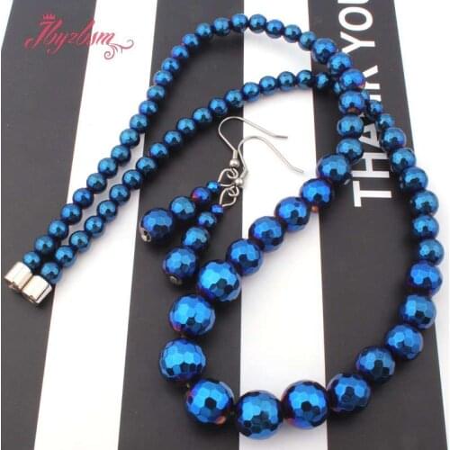 Blue Round Faceted (No Magnetic) Hematite Natural Stone Necklace Earring Set Fashion Jewellery Women Gift Free Shipping