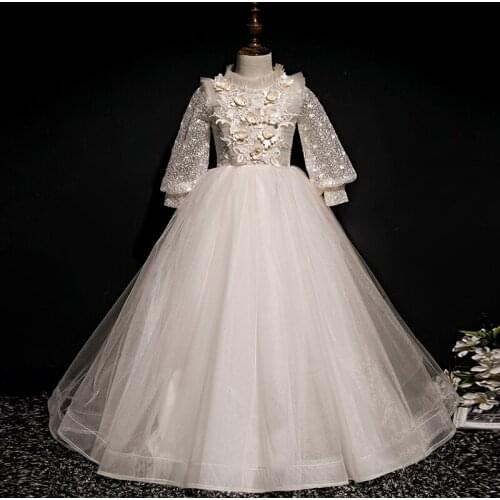 Flower Girl Dresses Three Quarter Elegant High Neck Girls Ball Gown White Lace Up Applique Pattern Tulle Embroidery Dresses D106