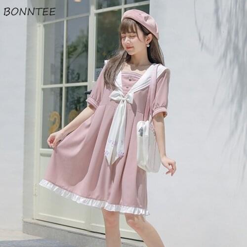Pink Dresses Women Sailor Collar Ruffles Japanese Style Trendy Popular Kawaii Cute JK Harajuku College Students Vestido Feminino