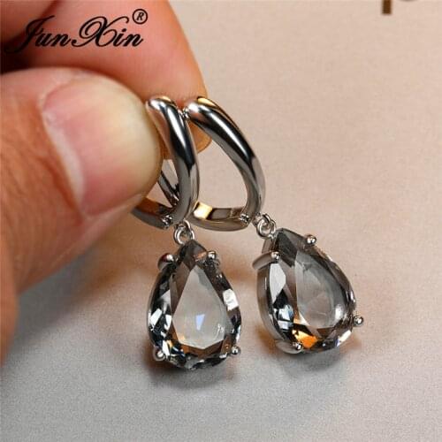 Unique Black Gray Crystal Hoop Earrings For Women Pear Cut Water Drop Zircon Wedding Earrings White Gold Mother Ear Jewelry Gift