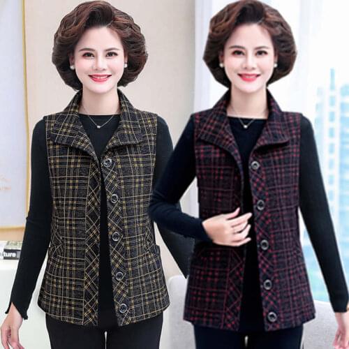 Middle-Aged Elderly Womens Vest Spring Autumn Sleeveless Coat Single-Breasted Plaid Casual Jacket Mother Dress Plus Size 5XL