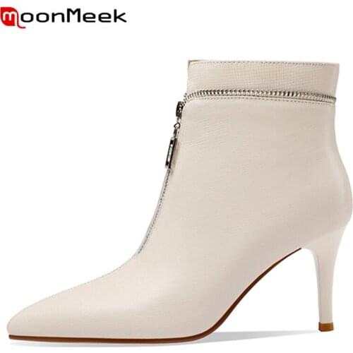 MoonMeek 2022 New Arrival Sexy Zipper Women Winter Boots Popular Fashion Ankle Boots Concise Cowhide Hot Sale Sweet Ladies Shoes