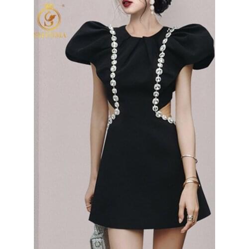 SMTHMA Vintage Beading Black Summer Dress For Women O-Neck Puff Short Sleeve High Waist Sexy Hollow Out Waist Mini Dresses