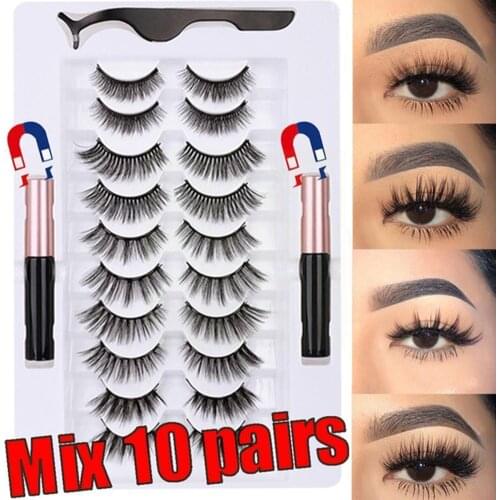 10 Pairs Of Mixed Magnetic False Eyelashes Liquid Eyeliner Soft Mink Set Eyelashes Slender Fluffy And Are Artificial F3K2
