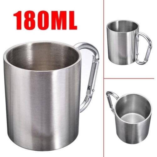 180ml Camping Cup Stainless Steel Water Tea Coffee Mug with Lock Carabiner Handle for Camping Hiking Climbing Travel