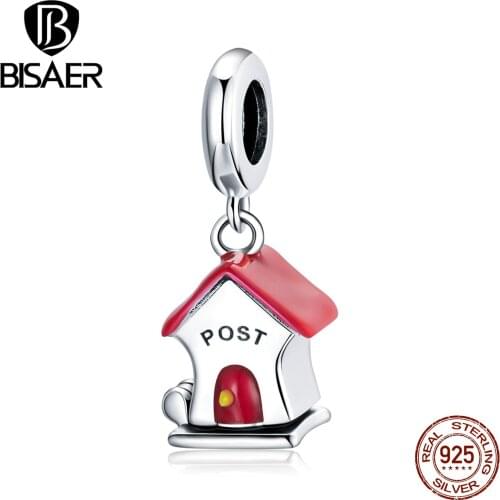 BISAER New Letter Box Beads 925 Sterling Silver Red Post Enamel Charms Pendant Fit DIY Original Bracelet Fine Jewelry ECC1747