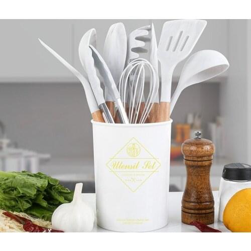 Wooden handle silicone utensils kitchenware12-piece non-stick spatula kitchen tools cooking spoon spatula baking set cookware