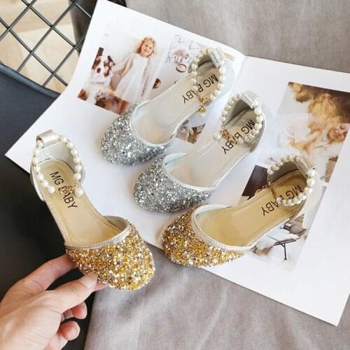 Children Girls Princess Shoes 2020 Spring Summer Kids Pearls High-heeled Sequins Sandals Girls Dance Performance Party Sandals