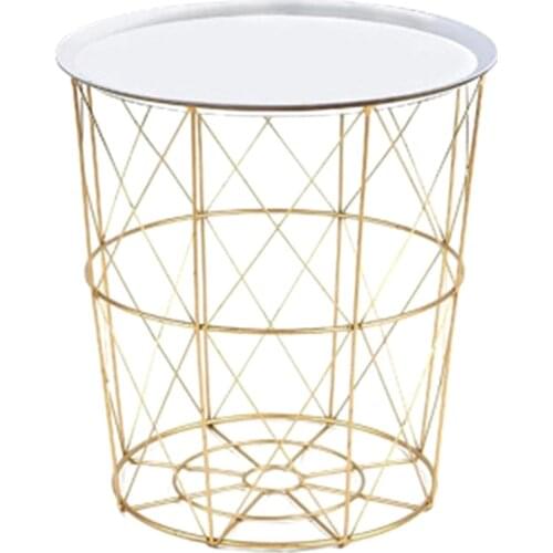 ELEG-34.5 x 30.5 x 23cm Iron Metal Coffee Table Dirty Storage Basket Tea Fruit Snack Serving Board Tray Golden White Cover Trump
