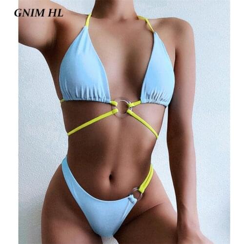 GNIM Sexy Solid Color Bikini Swimwear Women 2020 Summer Bandage Swimsuit Female Two Pieces High Cut Brazilian Bathing Suit New