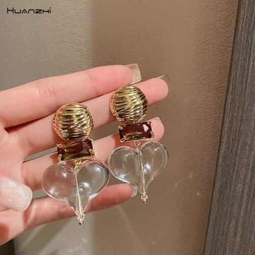 HUANZHI 2021 New Transparent Acrylic Heart Drop Earrings Metal Gold Color Rhinestone Earrings for Women Girls Party Jewelry