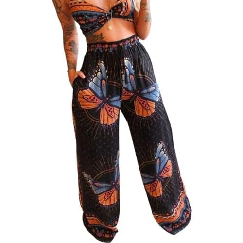Women Summer Beach 2pcs Outfits Set Sexy V-Neck Crop Top and Wide Leg Palazzo Pants Bohemian Butterfly Print Loungewear