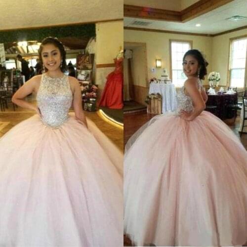 Beautiful Pink Crystal Top Quinceanera Dresses Sexy Jewel Tulle Ball Gown Vestidos 15 anos Sweet 16 Prom Dresses Open Back Floor