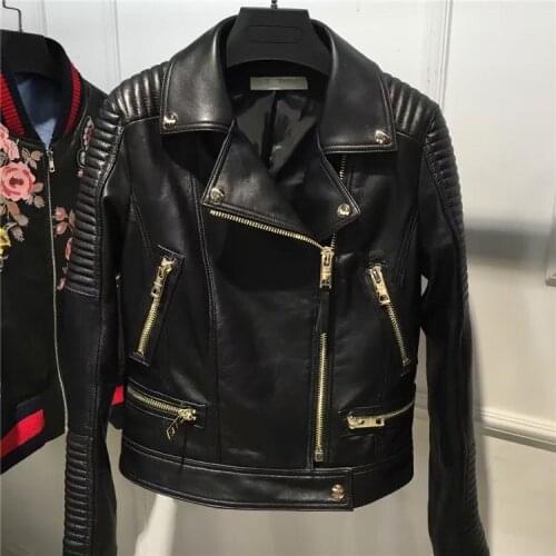 Genuine real sheepskin ladies sheep women moto leather jacket