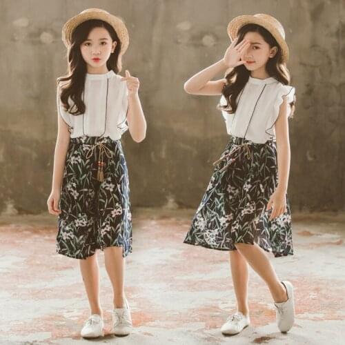 Teenagers Girls Summer Floral Clothing Sets 2021 New Fashion White Chiffon T-Shirt Floral Loose Pants Childrens Clothes 4-13Y