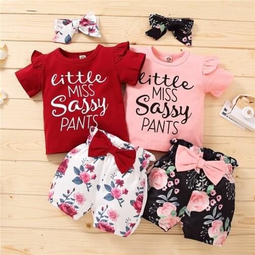Cute Toddler Baby Girl Set Letter Print Fly Sleeve Round Neck T-shirt + Shorts with Bowknot + Headband Girls Infant Outfits