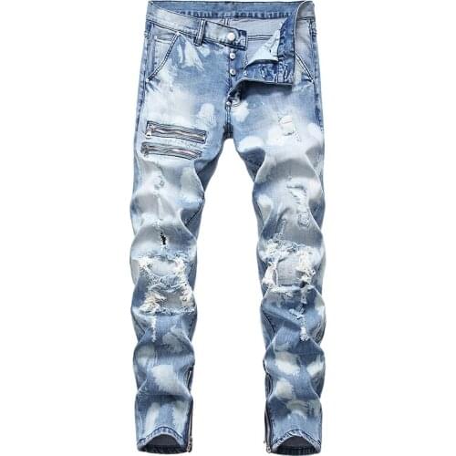 New Mens zippers ripped jeans Plus big size light blue tie and dyed holes patchwork denim pants Buttons fly trousers