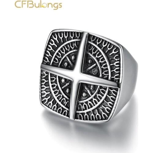 CFBulongs 316L Stainless Steel Compass Mens Ring Northern Europe Vikings Finger Ring Antique Silver Color Jewelry