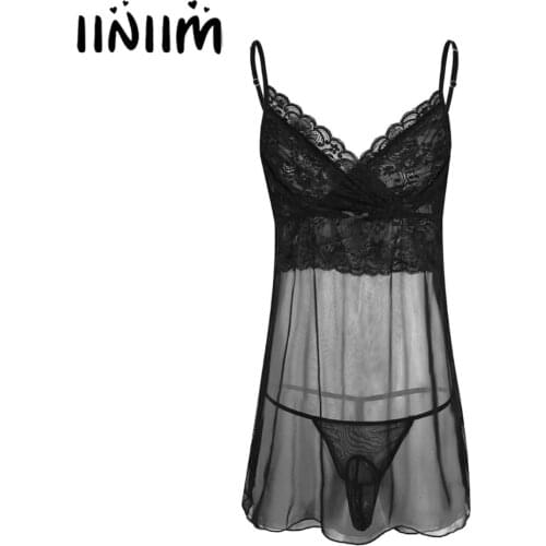 Mens Hot Sissy Lingerie Set Sheer Mesh Wetlook See-through Mini Dress with Thong Gay Sexy String Homme Underwear Nightwear
