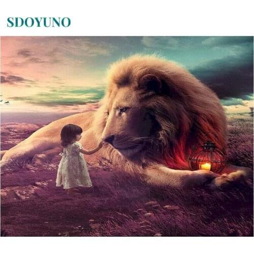 SDOYUNO 60x75cm Oil Painting By Numbers Girl And Lions DIY Paint By Numbers On Canvas Animals Frameless Digital Hand Painting De