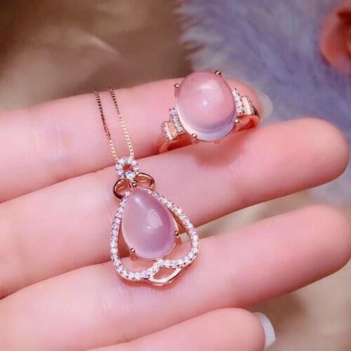 Most Popular 100% Real and Natural Rose Quartz Set 925 sterling silver,1pc Ring,1pc Pendant