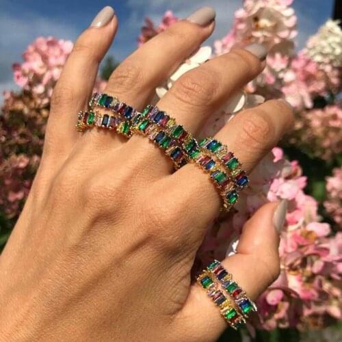 Baguette cz engagment band ring Gold filled multilayed rainbow ring for women thin delicate trendy wedding bridal gift jewelry