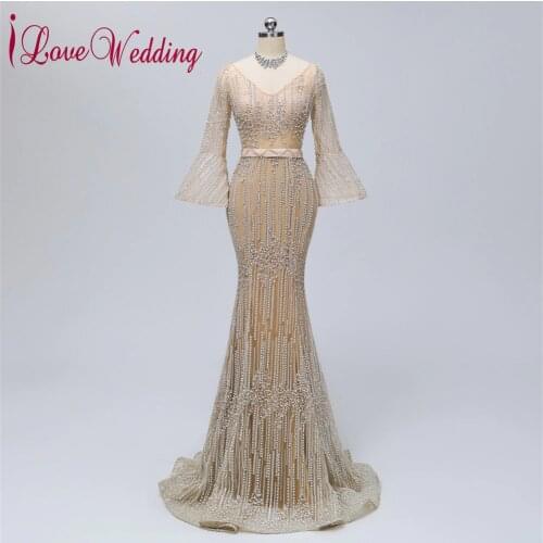 Gorgeous V Neck Long Sleeves Evening Dress Lace Heavy Beadings Mermaid Sweep Train Vestido de fiesta Dress Party Real Photo