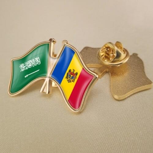 Saudi Arabia and Moldova Crossed Double Friendship Flags Lapel Pins Brooch Badges