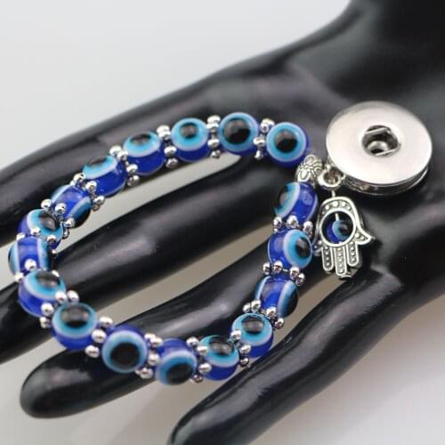 Handmade Blue Adjustable Bead Stretch Bracelet Lucky Evil Eye Fatima Hand Pendant Elastic Bracelet With 18mm Metal Snap Button