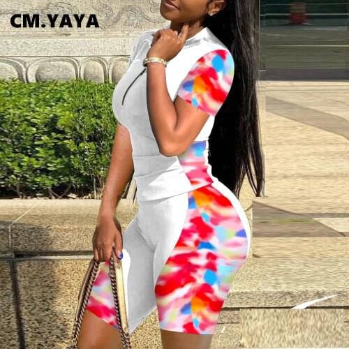 CM.YAYA Tie Dye Patchwork Sweatsuit Plus Size Jogger Womens Set Zip Track Tops Shorts Matching 2 Piece Outfits Active Tracksuit