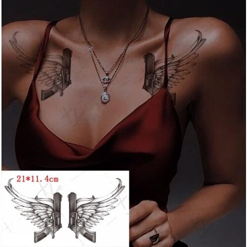 Waterproof Temporary Tattoo Sticker Black Wings Feathers Gun Totem Design Fake Tattoos Flash Tatoos Arm Body Art for Women Men