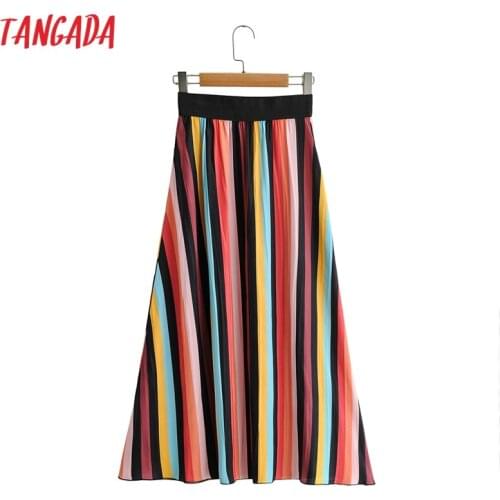 Tangada Women Colorful Stiriped Print Midi Skirt Vintage Strethy Waist Office Ladies Elegant Chic Mid Calf Skirts 1F47