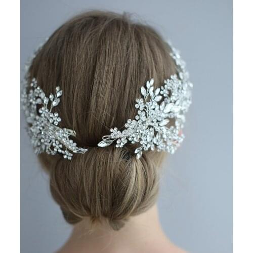 SLBRIDAL Handmade Alloy Wired Rhinestone Crystal Flower Leaf Wedding Hair Clip Barrettes Bridal Hair Accessories Women Jewelry