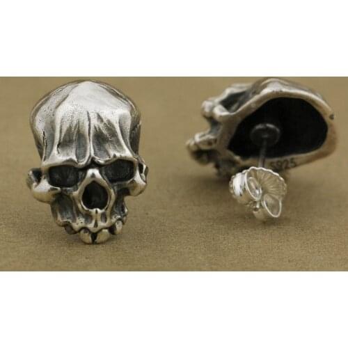 LINSION 925 Sterling Silver Mens Biker Rock Punk Skull Stud Earrings TA40
