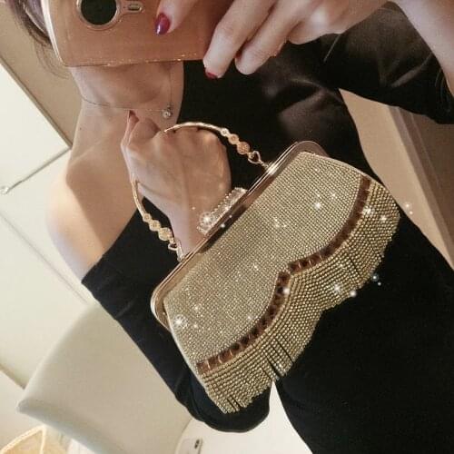 Womens Wedding Clutch Bag Luxury Rhinestone Tassel Handbag Banquet Gold Evening Bag Party Purse Chain Shoulder Bag
