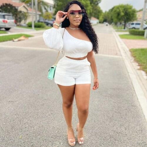 Women One Shoulder Single Long Sleeve Crop Top+Shorts Outfits Sexy Ruched Two Piece Set 2021 Summer Beach Vacation Party Clothes