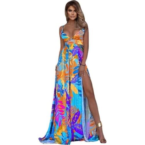 Summer Beach Party Holiday Women Spaghetti Strap Dress Leaf Print Dress Bohemian Split Sleeveless Maxi Long Dress 2021 Vestidos