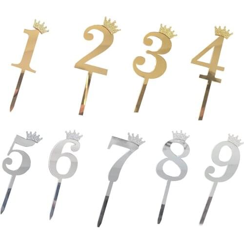 1Pcs Mirror Surface Cake Topper Acrylic Number 0-9 with Crown Kid Birthday Party Cake Flag Decorating Wedding Anniversary Topper