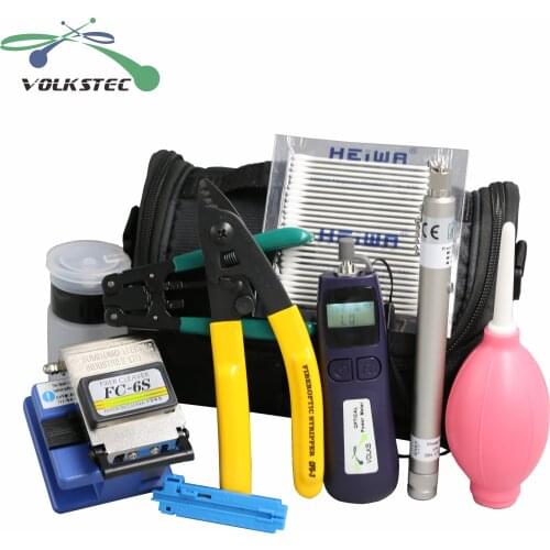 10 In 1 Fiber Optic FTTH Tool Kit with FC-6S Fiber Cleaver -50~+26dBm Optical Power Meter 5km Visual Fault Locator Air Blower