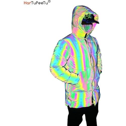 2021 Winter Spring Men Rainbow Reflective Jacket Safety Thick Cotton Long Coat Plus Size Loose Hip Hop Hooded Outwear Streetwear