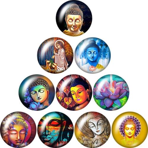 Buddhist Buddha statues 10pcs mixed 12mm/16mm/18mm/25mm Round photo glass cabochon demo flat back Making findings ZB1174