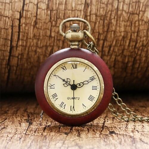 Roman Numerals Red Wood Decor Transparent Glass Ball Necklace Watch Quartz Bronze Sweater Chain Pendant Pocket Clock