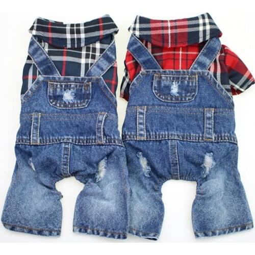 Dog Cat Denim Plaid Jumpsuit Hoodie Jean Pet Puppy Coat Jacket Spring/Summer Clothes Apparel 2 Colours