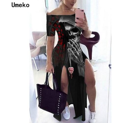 Goth Skull Print Graphic Off The Shoulder Plus Size Split Side Y2k Maxi Dress Women Short Sleeve Bodycon Dresses Ladies Summer