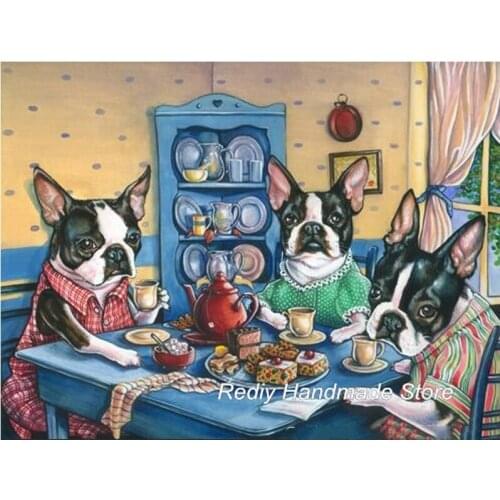 Animal diamond painting"Boston Terrier Having Dinner" Diy Square Diamond mosaic Cross Stitch Diamond Embroidery 5d puzzle JS4160